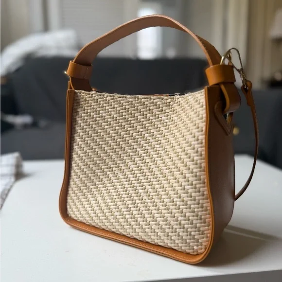 LIKE NEW Women’s Anna Paola Leather and Rattan Crossbody Bag - cognac and beige - Picture 1 of 7